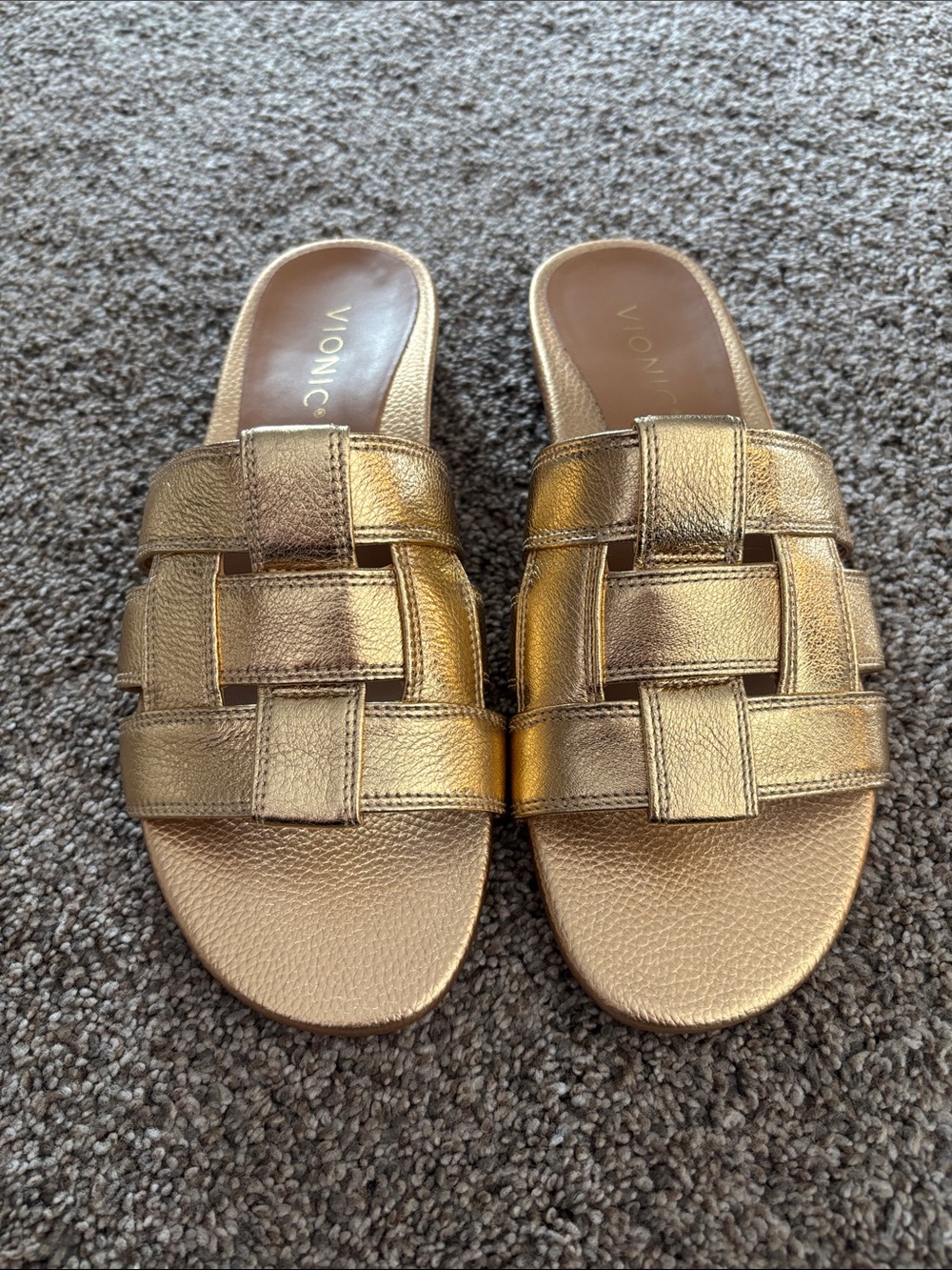 Vionic Metallic Gold Woven Leather Slide Mules